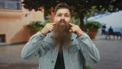 Man in denim jacket pointing fingers to long beard on a busy city street lined with potted plants...