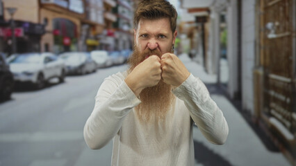 Man punching with clenched fists in a narrow urban street flanked by buildings and parked cars;...