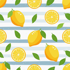 Seamless pattern with bright lemons and green leaves on a blue and white striped background. Perfect for summer textile, gift wrap, wallpaper, and stationery