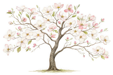 Obraz premium Beautifully detailed watercolor magnolia tree with delicate white and pink blossoms isolated on transparent background