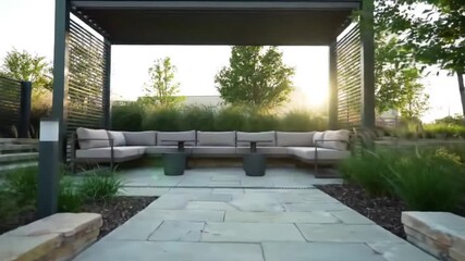 Backyard landscaping design ideas: modern patio with pergola and stone steps - Powered by Adobe