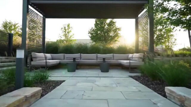 Backyard landscaping design ideas: modern patio with pergola and stone steps