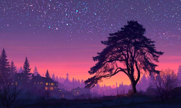 SILHOUETTE DI ALBERO SOLITARIO AL TRAMONTO SOTTO UN CIELO STELLATO