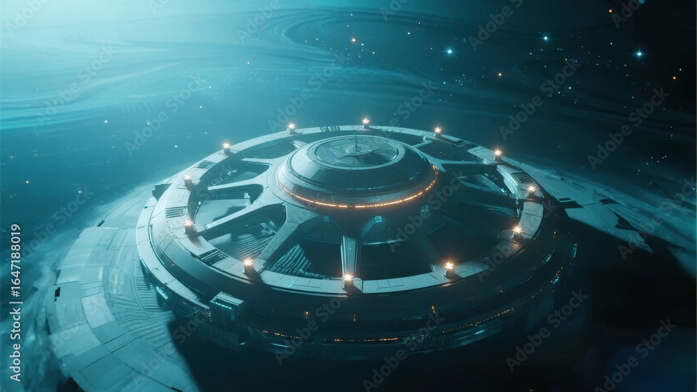 Poster futuristic circular space station orbiting a planet