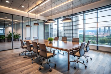 Fototapeta premium Modern conference room with wooden table, ergonomic chairs, and city view through floor-to-ceiling windows — ideal for business meetings, corporate interiors, and professional workspace stock content