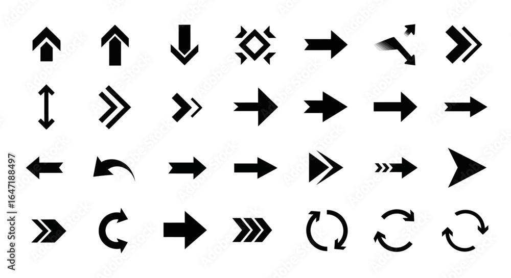Poster a diverse collection of black arrow icons and symbols. vector graphic set for navigation, direction,