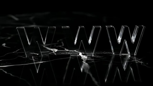 Dynamic Crystal WWW Reveal on Reflective Black Marble Surface Modern Technology Concept.