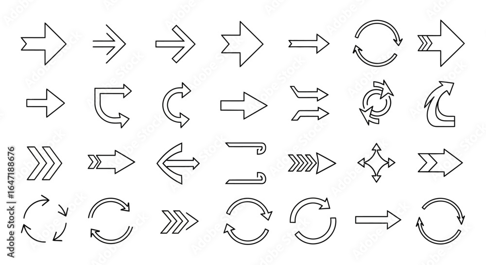 Aufkleber a comprehensive set of outline arrow icons, including various styles like straight, curved, circular