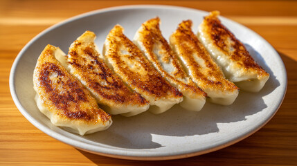 木製のテーブルの上で、焼き加減が完璧な餃子を白い陶器の皿に盛り付けたスタジオ撮影写真