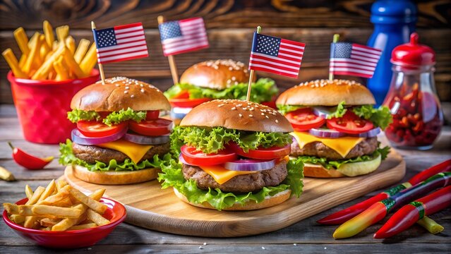 Celebrate the 4th of july with delicious american burgers and fries, adorned with miniature american flags, perfect for an independence day feast - Powered by Adobe