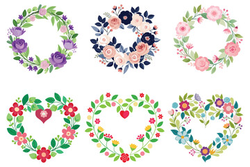 Floral Wreath and Heart Frame Vector Set – Colorful Decorative Flower Designs