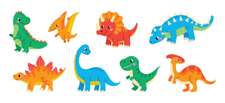 Cute dinosaurs collection. Prehistoric reptiles from Jurassic era. Friendly extinct animals for kids designs, posters, patterns. Vector illustration isolated on white background.