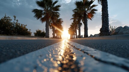 A road with palm trees on either side and a sun shining on the road