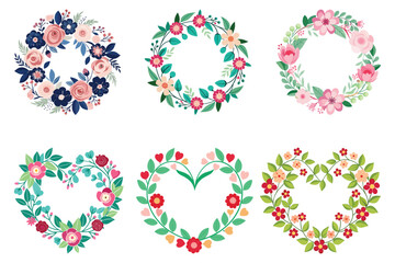 Floral Wreath and Heart Frame Vector Set – Colorful Decorative Flower Designs