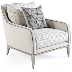 Elegant upholstered armchair with geometric patterns and decorative pillow, modern furniture design