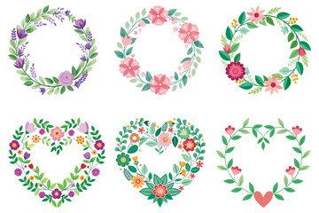 Floral Wreath and Heart Frame Vector Set – Colorful Decorative Flower Designs