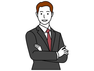 メガネ無し、グレースーツ、腕組みをして話す男性