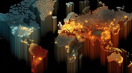Global map, light-dot representation, varied colors,  3D effect
