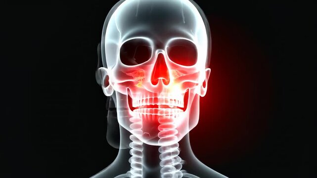 x-ray scan, jaw anatomy, dental health. Bone structure. Teeth density increases jaw strength. Root infections cause severe pain. 3D medical render shows skeletal details.
