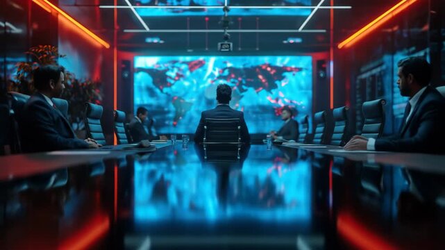 Global crisis meeting in a modern war room