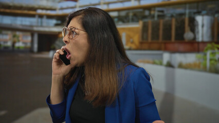 Woman wearing blue blazer shouting into phone beside empty sidewalk outside a modern building on...