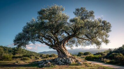 Majestic ancient olive tree in serene mediterranean landscape with clear blue sky.