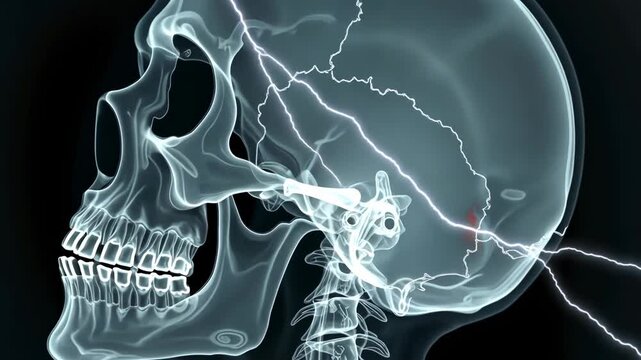 x-ray scan, skull fracture, brain injury. Head trauma. Skull cracks impact cognitive functions. Brain swelling increases pressure symptoms. 3D medical illustration shows detailed damage.