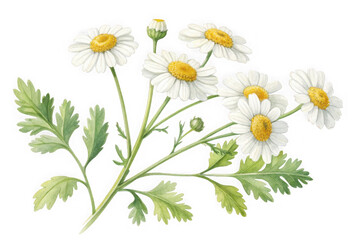 Obraz premium Delicate white daisy flowers with yellow centers and green leaves isolated on transparent background