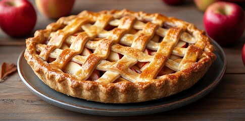 Apple Pie with Lattice Crust on Dark Plate with Red Apples in Background