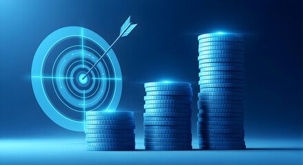 Stacked coins and poker chips with futuristic circular HUD interface