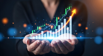 Businessman Holding Glowing Financial Bar Chart and Rising Stock Market Graph in Hands, Representing Investment Growth and Business Success