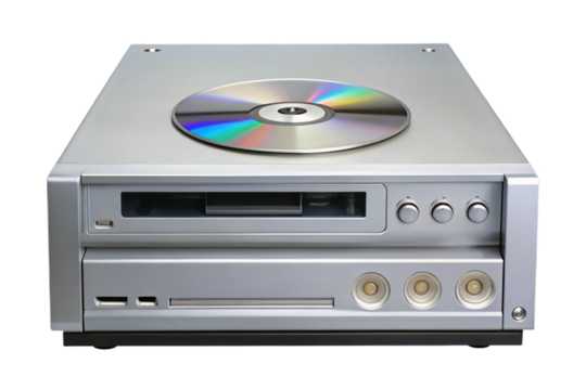 Silver cd player with disc on top