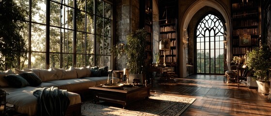 Sunlit, grand library with large windows overlooking a forest