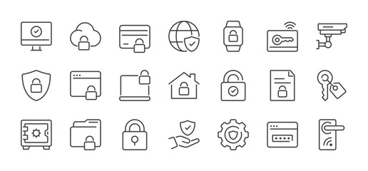 Set of Lock and Key Line Icons. Editable Stroke. Pixel Perfect.