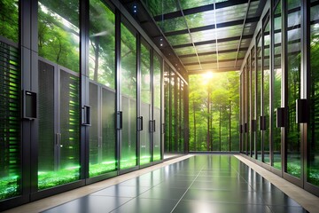 Modern data center with glass walls overlooking a lush green forest, symbolizing technology and nature integration