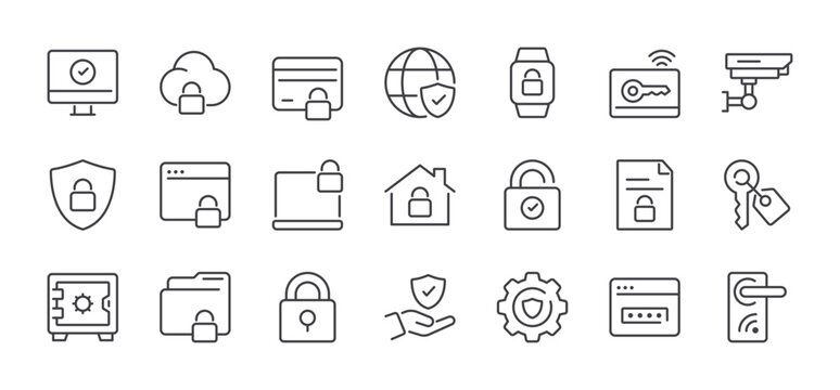 Set of Lock and Key Line Icons. Editable Stroke. Pixel Perfect.