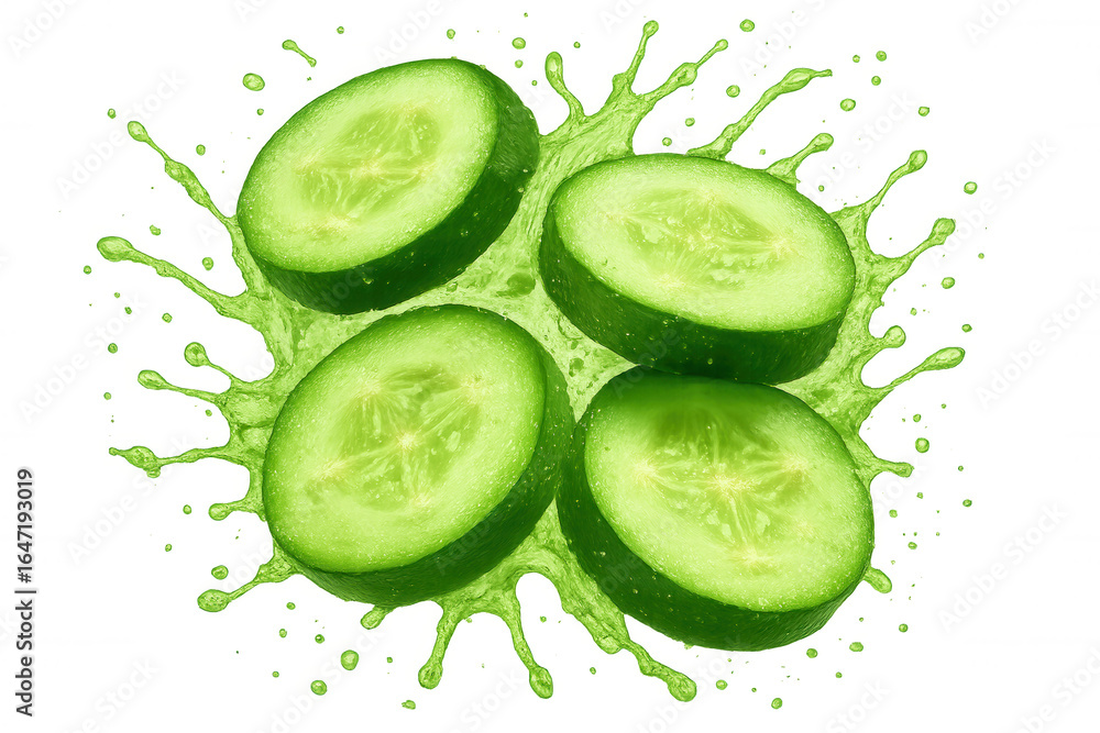 Poster cucumber slices splashing with juice on transparent background, creating a refreshing and vibrant im