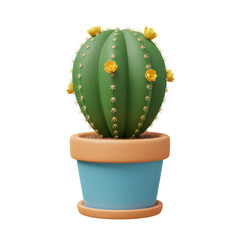 3D Render of a Blooming Green Cactus in a Blue Pot