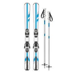Sleek white skis with blue stripes and black bindings, accompanied by matching ski poles.