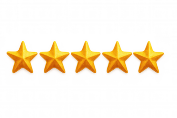 Golden rating stars symbolizing top-tier performance, ranking highest quality against translucent surface