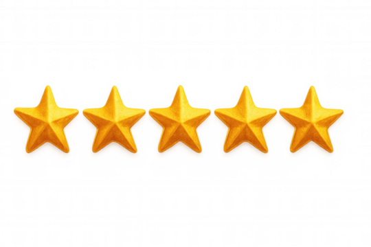Golden rating stars symbolizing top-tier performance, ranking highest quality against translucent surface