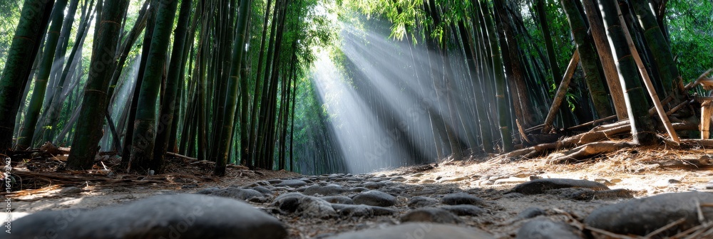Poster a forest path with sunlight shining through the trees