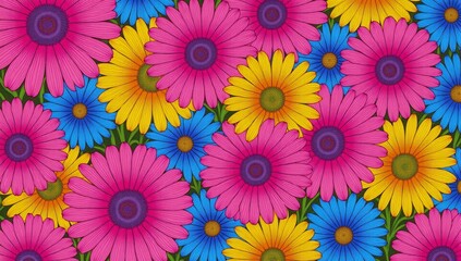 Abstract floral painting in pink yellow and blue showcases blooming vibrancy