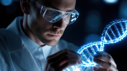 A man in a lab coat is looking at a DNA strand