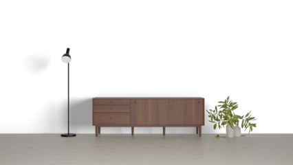 3D Render a room with a lamp a cabinet and a plant