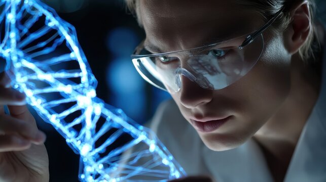 A woman wearing glasses is looking at a blue DNA strand