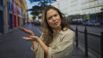 Young hispanic woman extends bare hands in a questioning gesture on a busy urban street lined with...