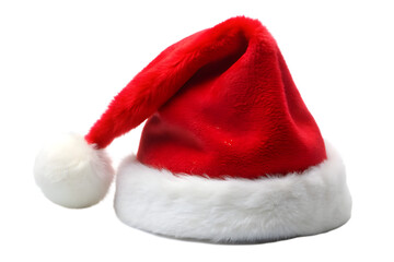 A single red santa claus hat with white trim and pompom, isolated on a transparent background, representing the spirit of christmas