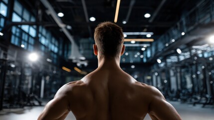 A man with a wet back is standing in a gym