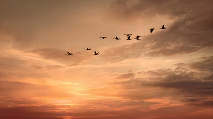 Peaceful sunset sky with flying birds and warm tones, evoking hope and tranquility.